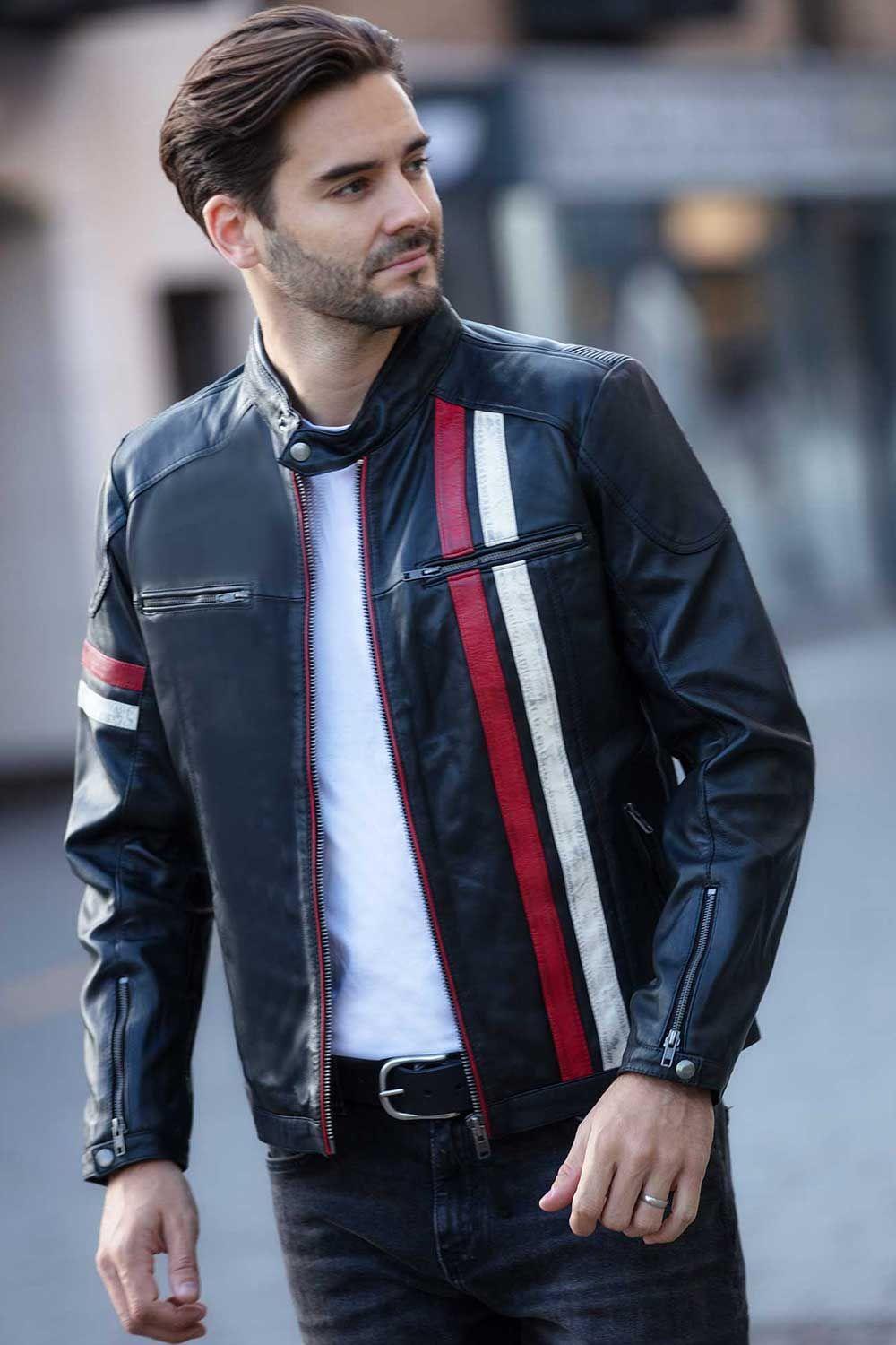Real Leather Biker Jacket With Contrast Stripes by ASHWOOD LEATHER