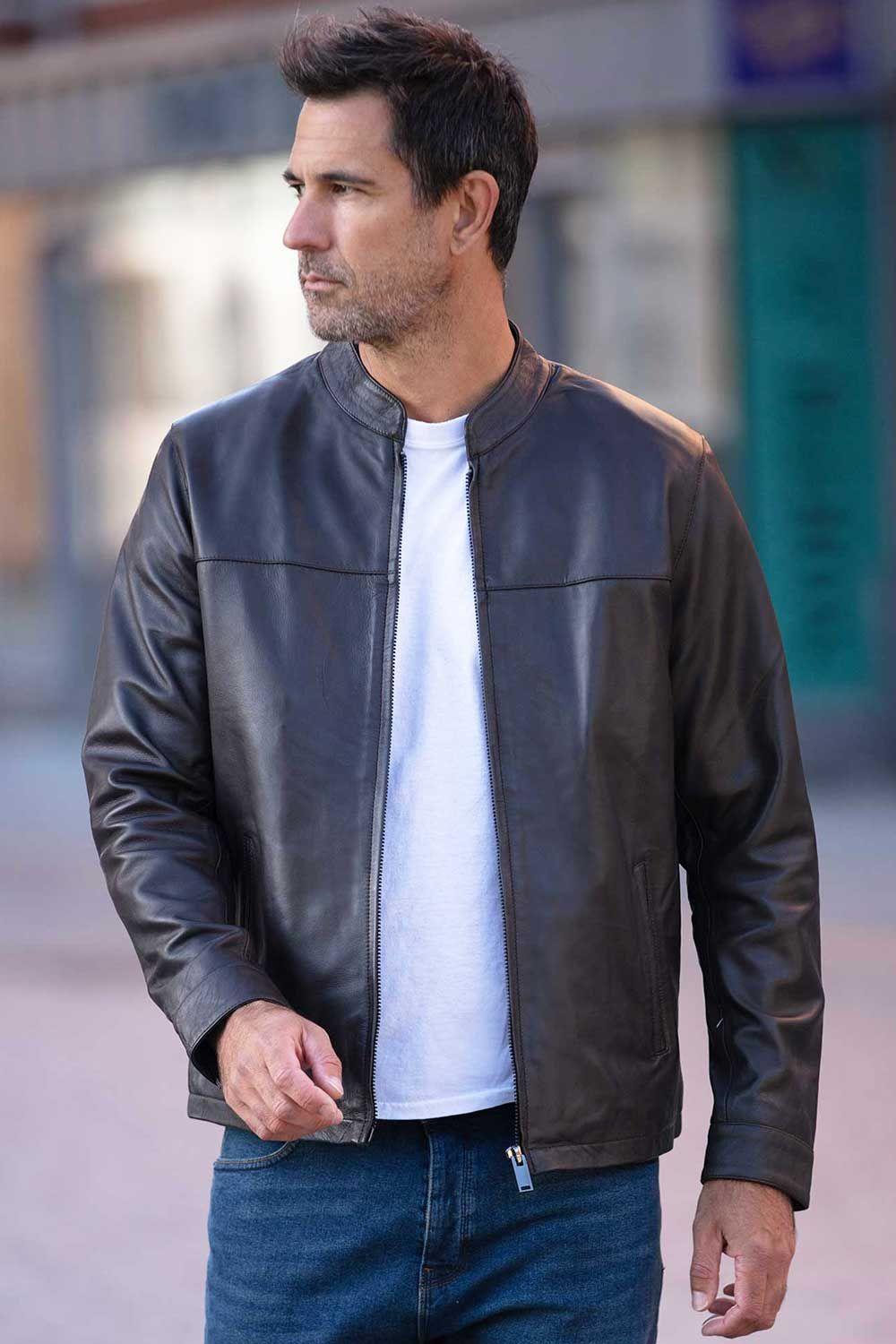 Real Leather Jacket with Mandarin Collar and Straight Zip by ASHWOOD LEATHER