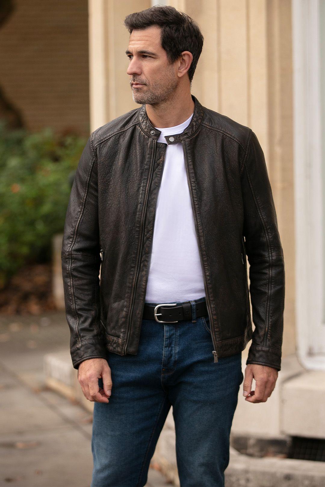 Real Leather Mandarin Collar Biker Jacket by ASHWOOD LEATHER