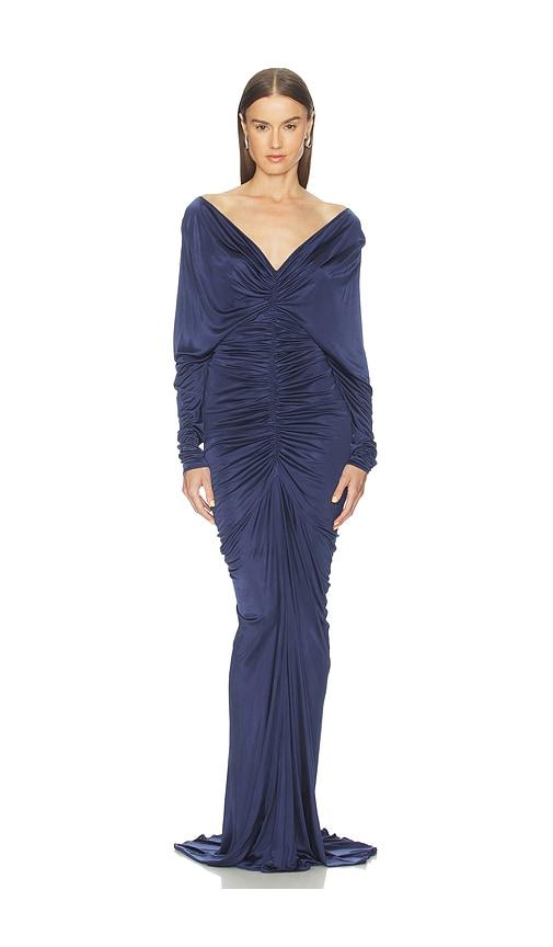 Atlein V Neck Ruched Gown in Navy by ATLEIN