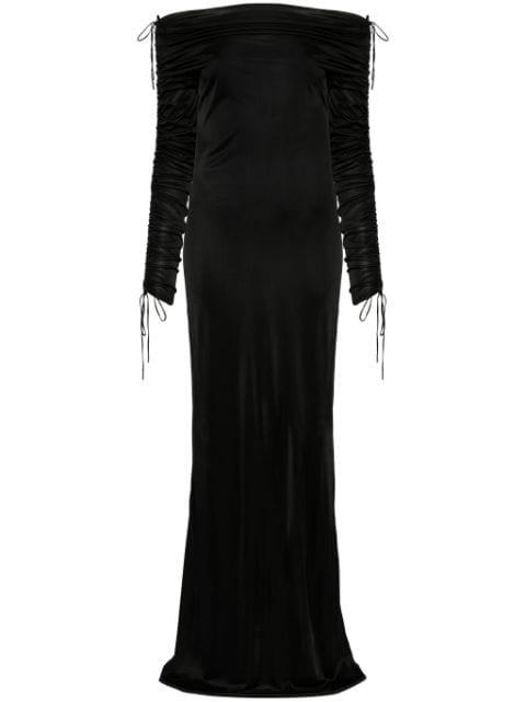 off-shoulder ruched gown by ATLEIN