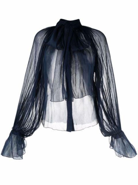 sheer pussy-bow silk blouse by ATU BODY COUTURE