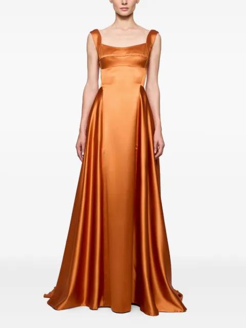 square-neck satin dress by ATU BODY COUTURE