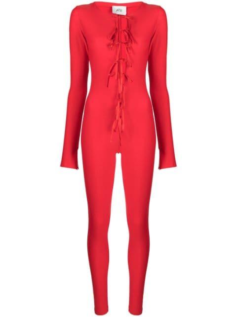 tie-fastening satin-finish catsuit by ATU BODY COUTURE