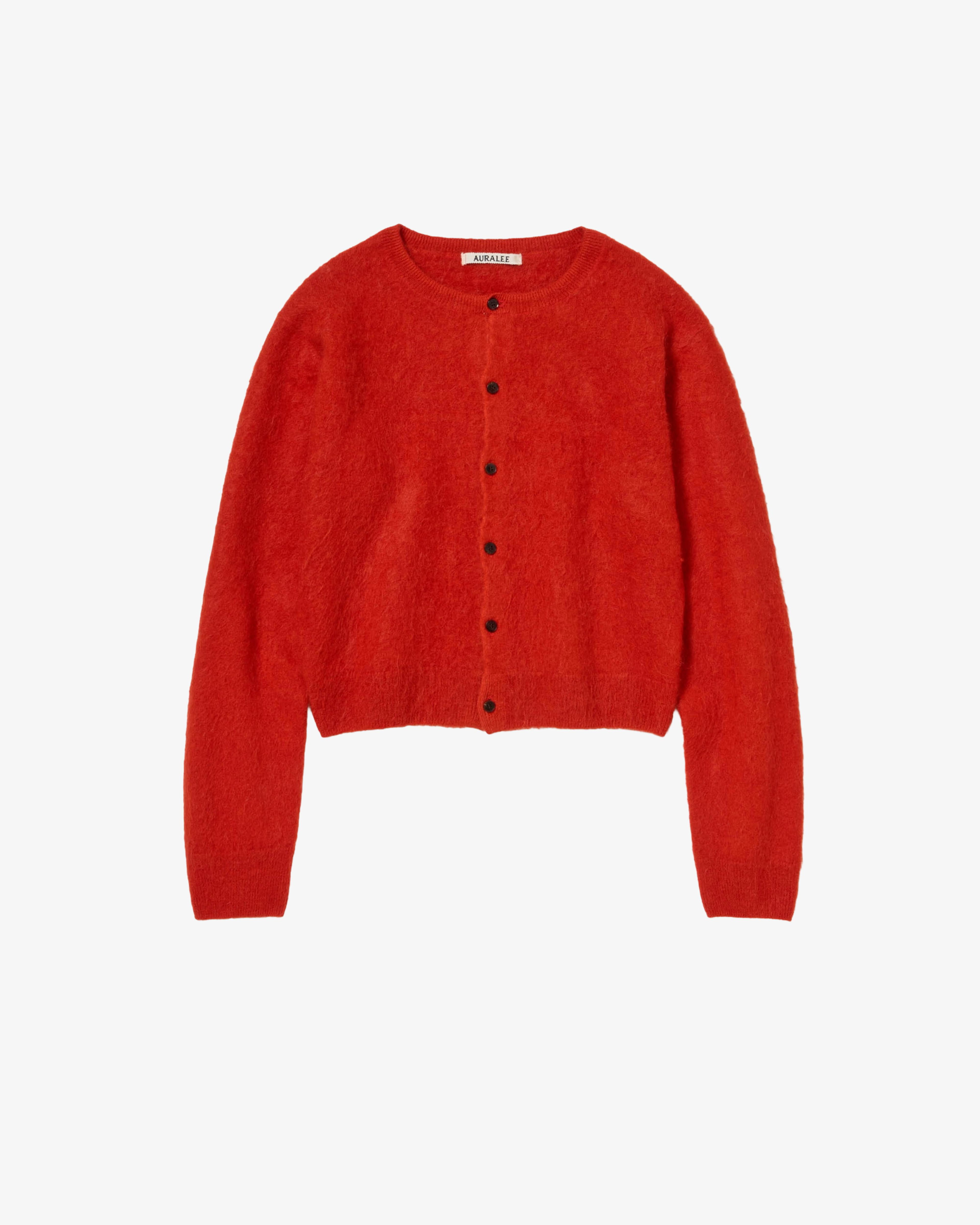 AURALEE - Women's Garment-Dyed Baby Alpaca Fur Knit Crew-Neck Cardigan - (Red) by AURALEE
