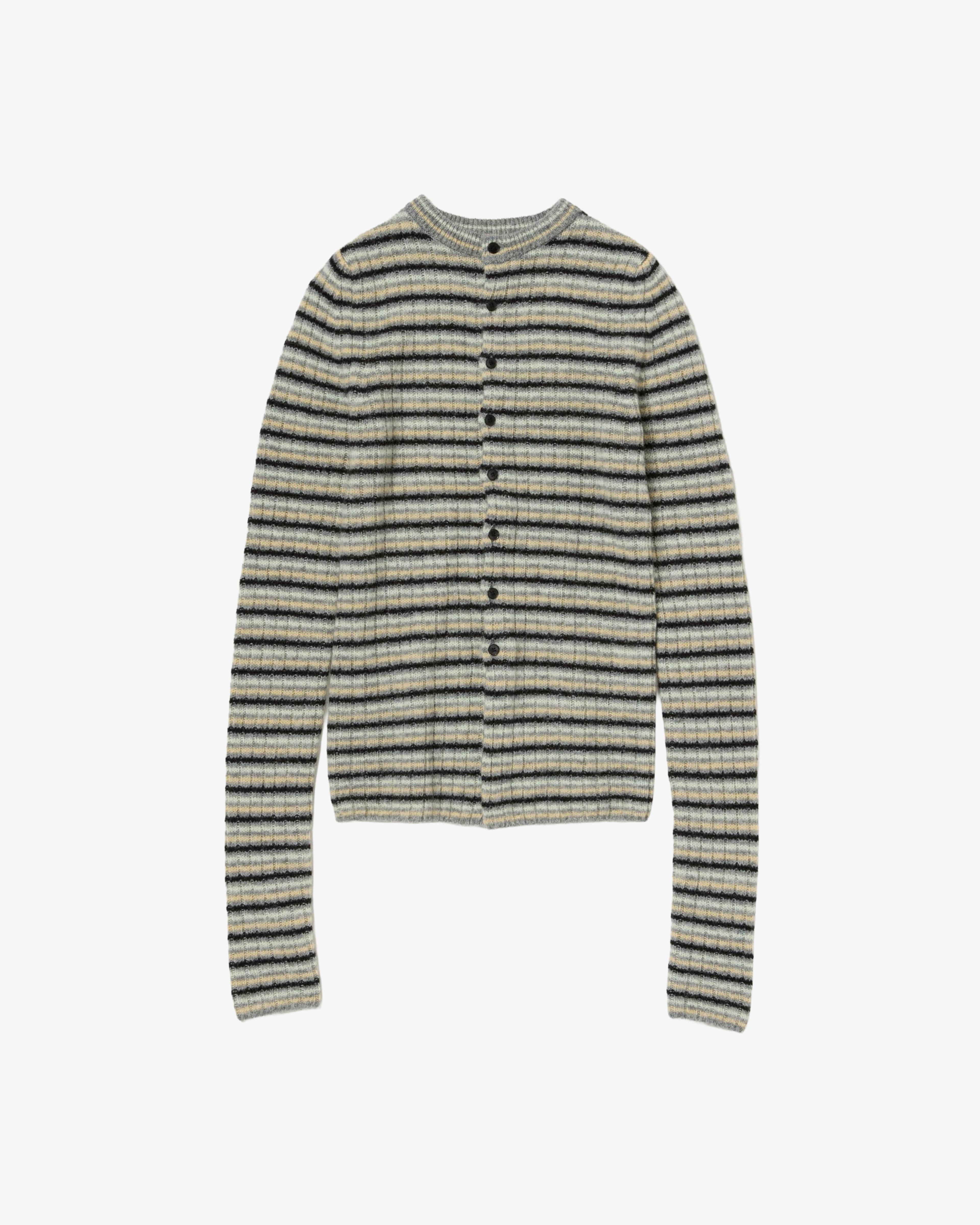 AURALEE - Women's Shetland Wool Cashmere Rib Knit Crew-Neck Cardigan - (Stripes) by AURALEE