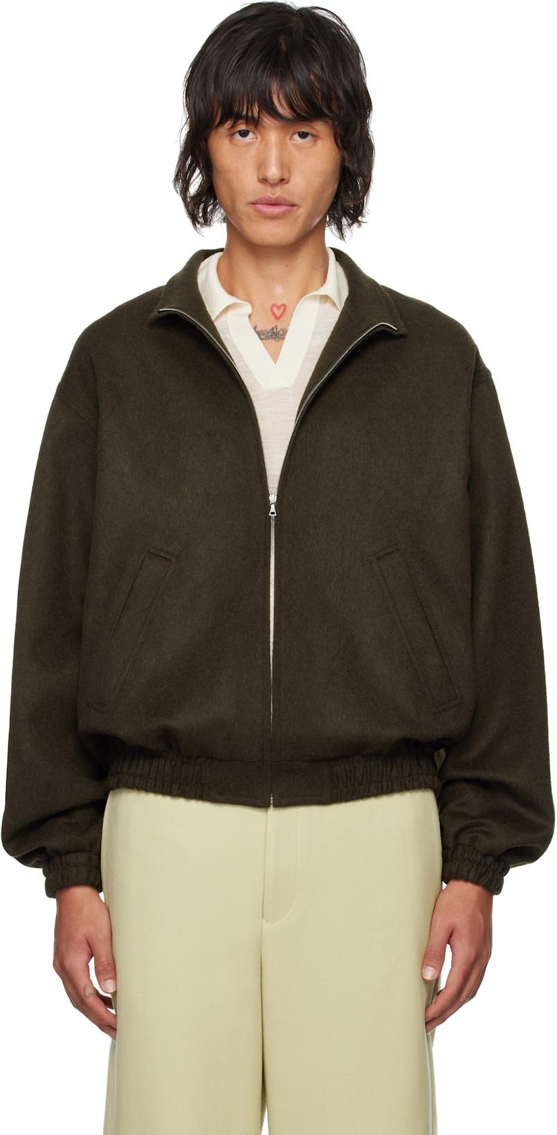 Brown Baby Camel Flannel Bomber Jacket by AURALEE