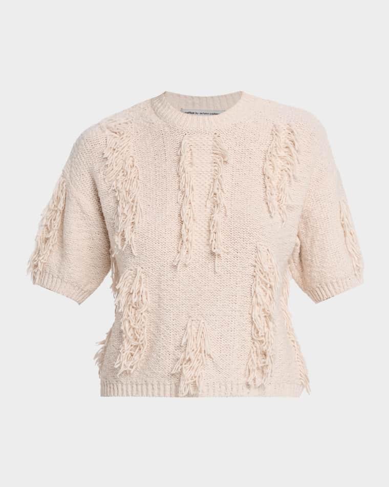 Short-Sleeve Fringe Cotton Sweater by AUTUMN CASHMERE