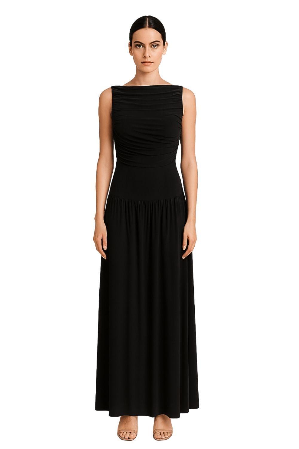 BLACK DRAPED BODICE JERSEY FLOWY SKIRT STYLE EVENING DRESS by AVINCI
