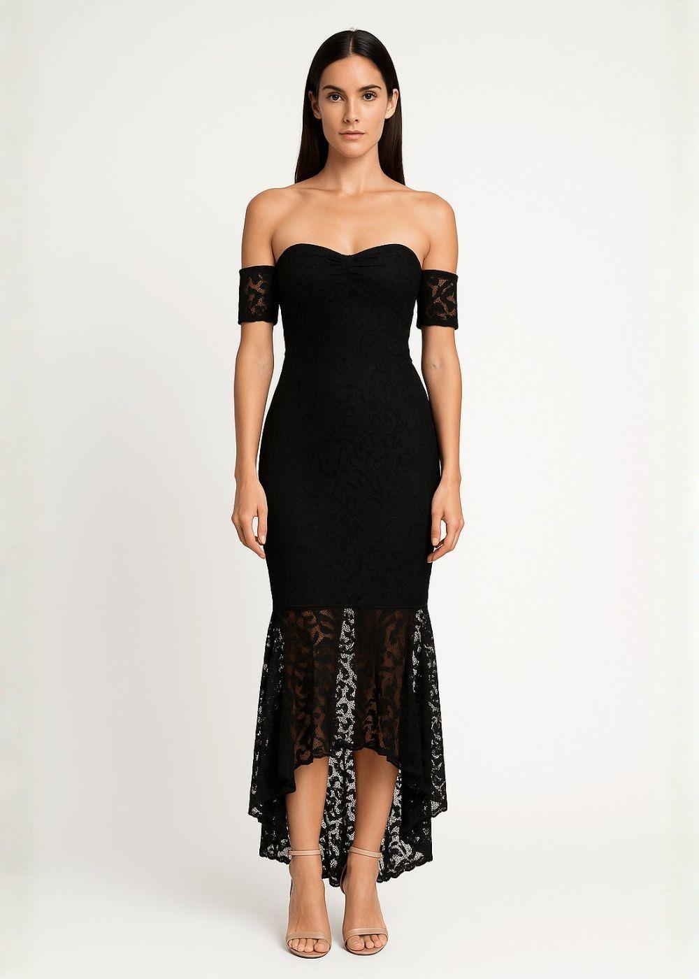 Black Fishtail Style Hem Off Shoulder Slim Fit Lace Midi Dress by AVINCI