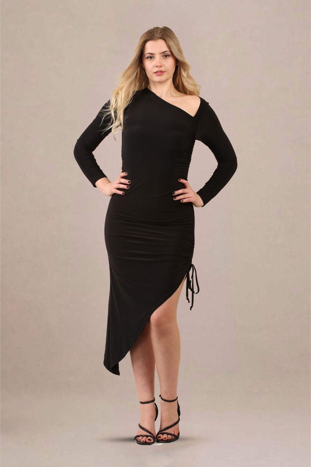 Black One-Shoulder Asymmetrical Ruched Midi Bodycon Dress by AVINCI