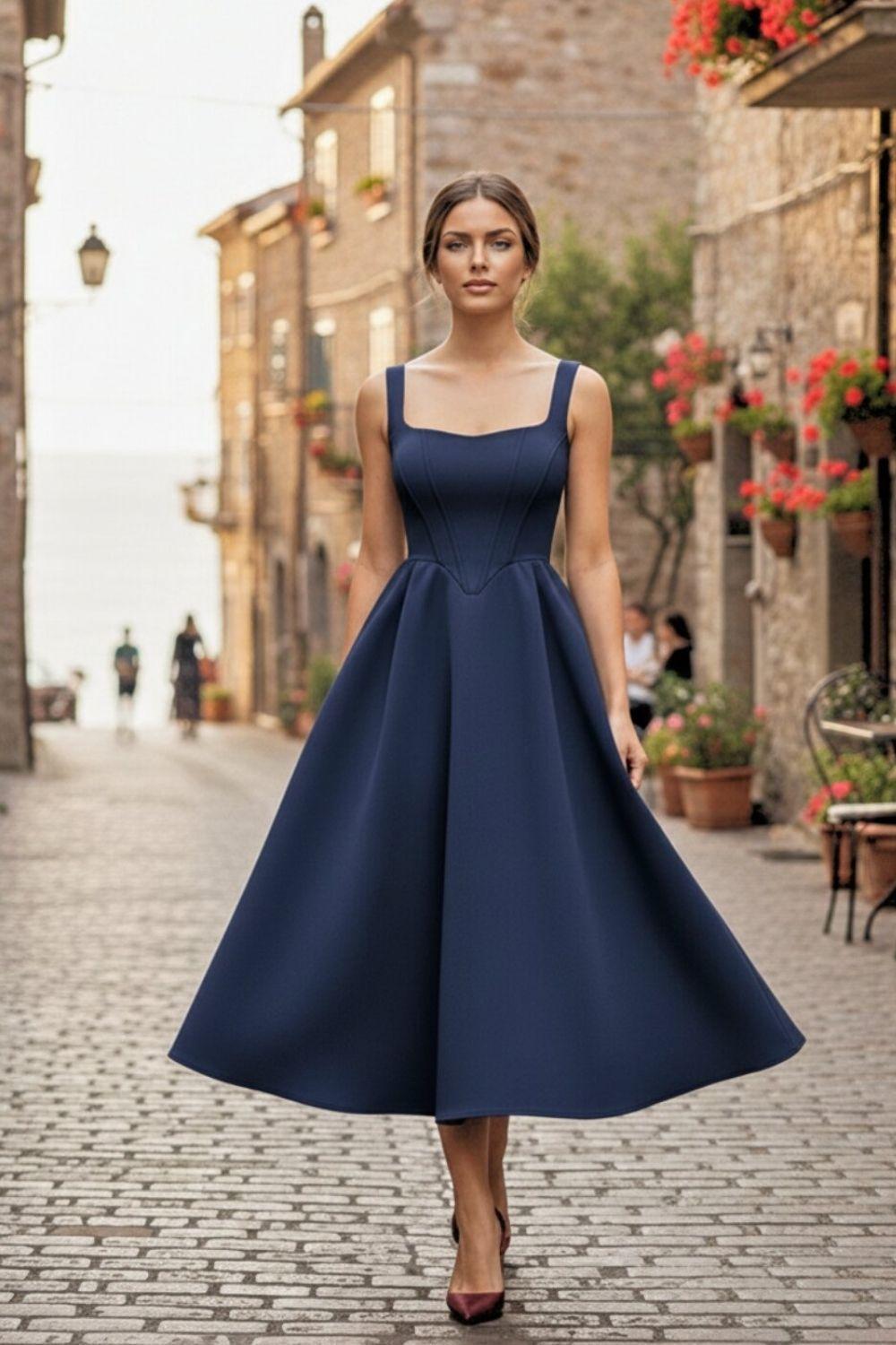 NAVY SQUARE NECK CORSET FIT & FLARED MIDI DRESS by AVINCI