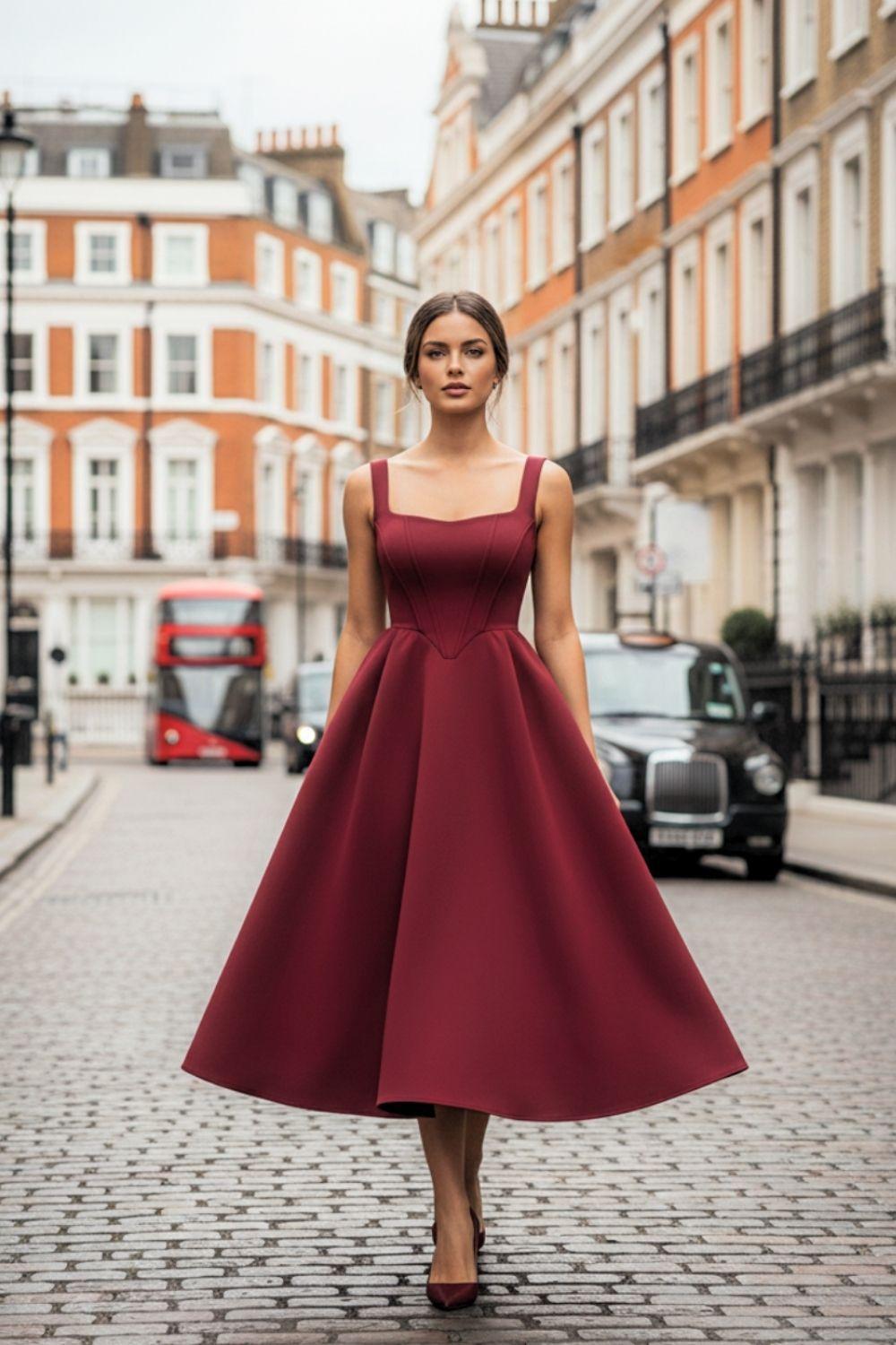 WINE SQUARE NECK CORSET FIT & FLARED MIDI DRESS by AVINCI