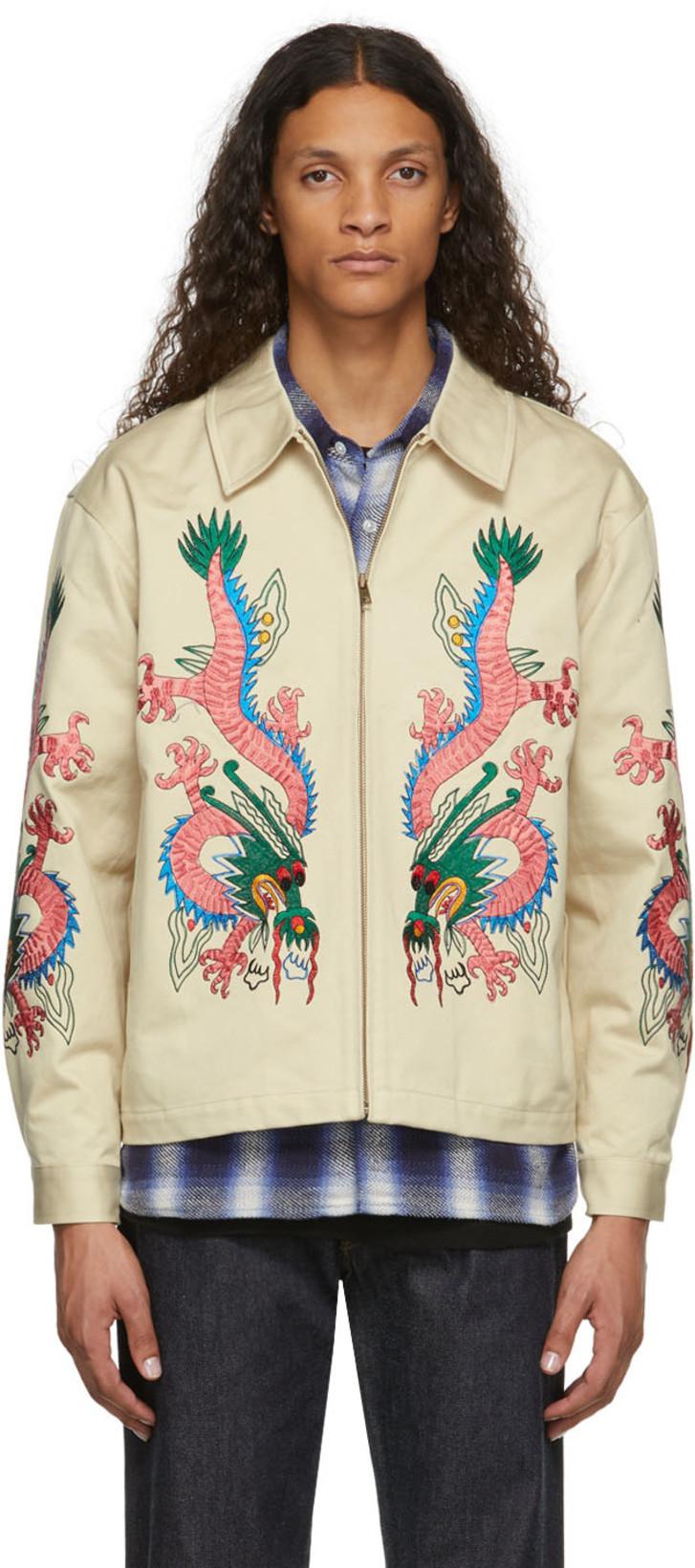 Beige Twin Dragon Harrington Jacket by AWAKE NY