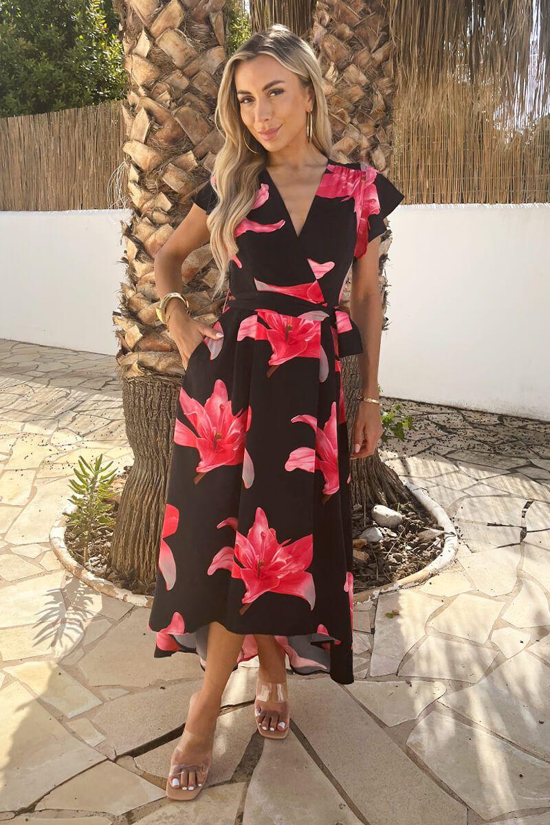Black And Cerise Floral Print Belted Wrap Midi Dress by AX PARIS