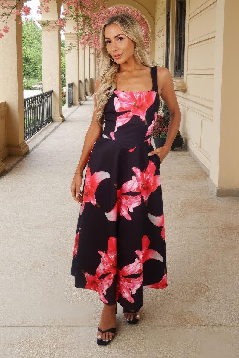 Black And Cerise Floral Print Square Neck A-line Midi Dress by AX PARIS