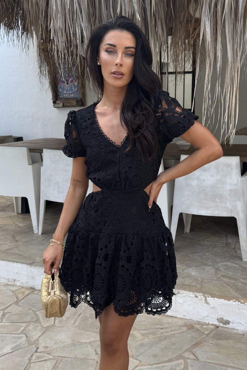 Black Crochet Overlay Cut Out Tiered Mini Dress by AX PARIS