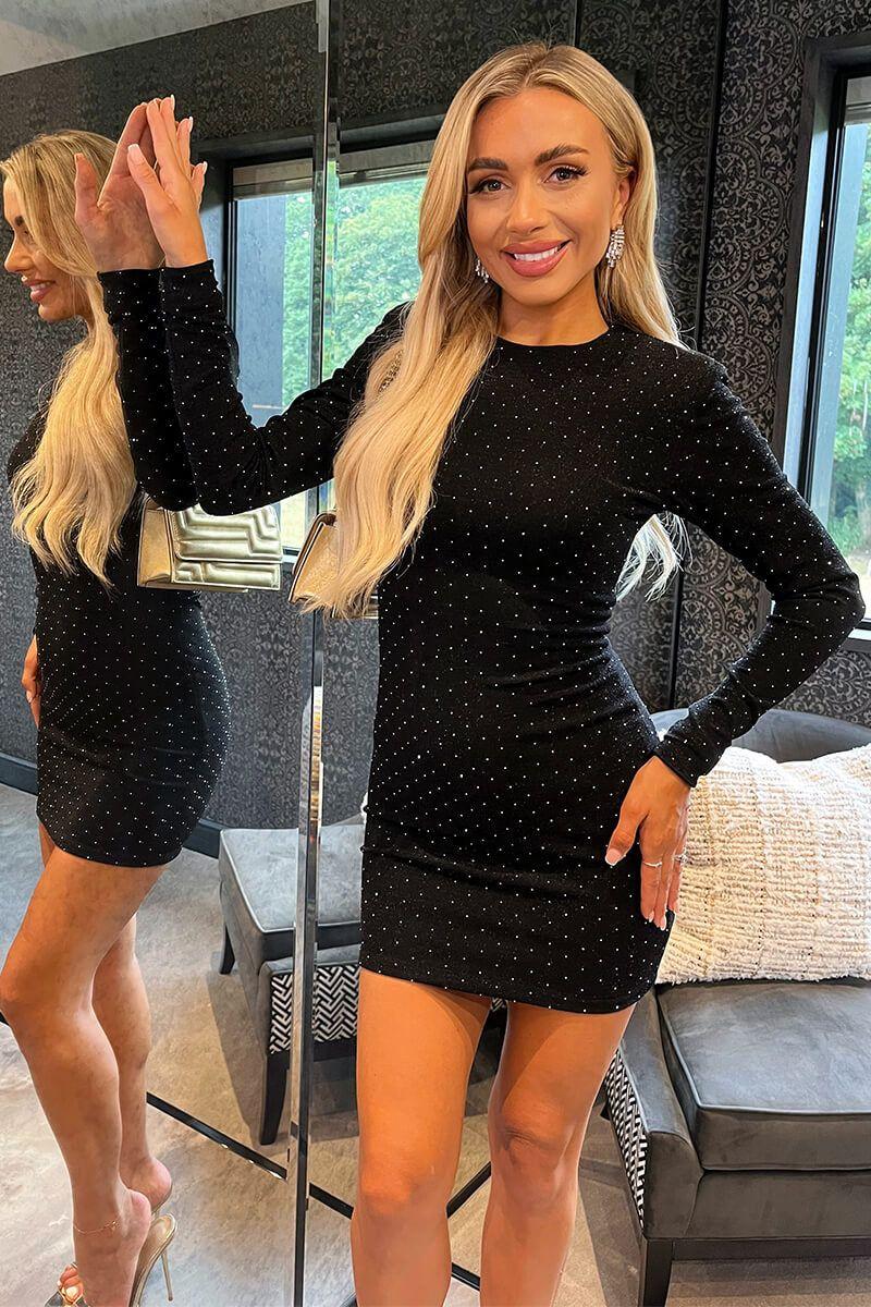 Black Diamante Sparkle Long Sleeve Mini Dress by AX PARIS