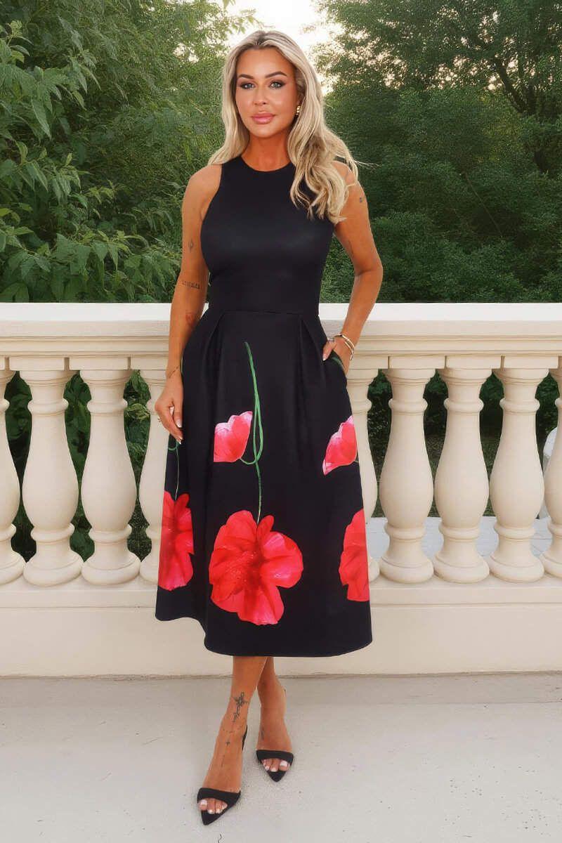 Black Floral Printed Skirt Racer Neck A-Line Midi Dress by AX PARIS