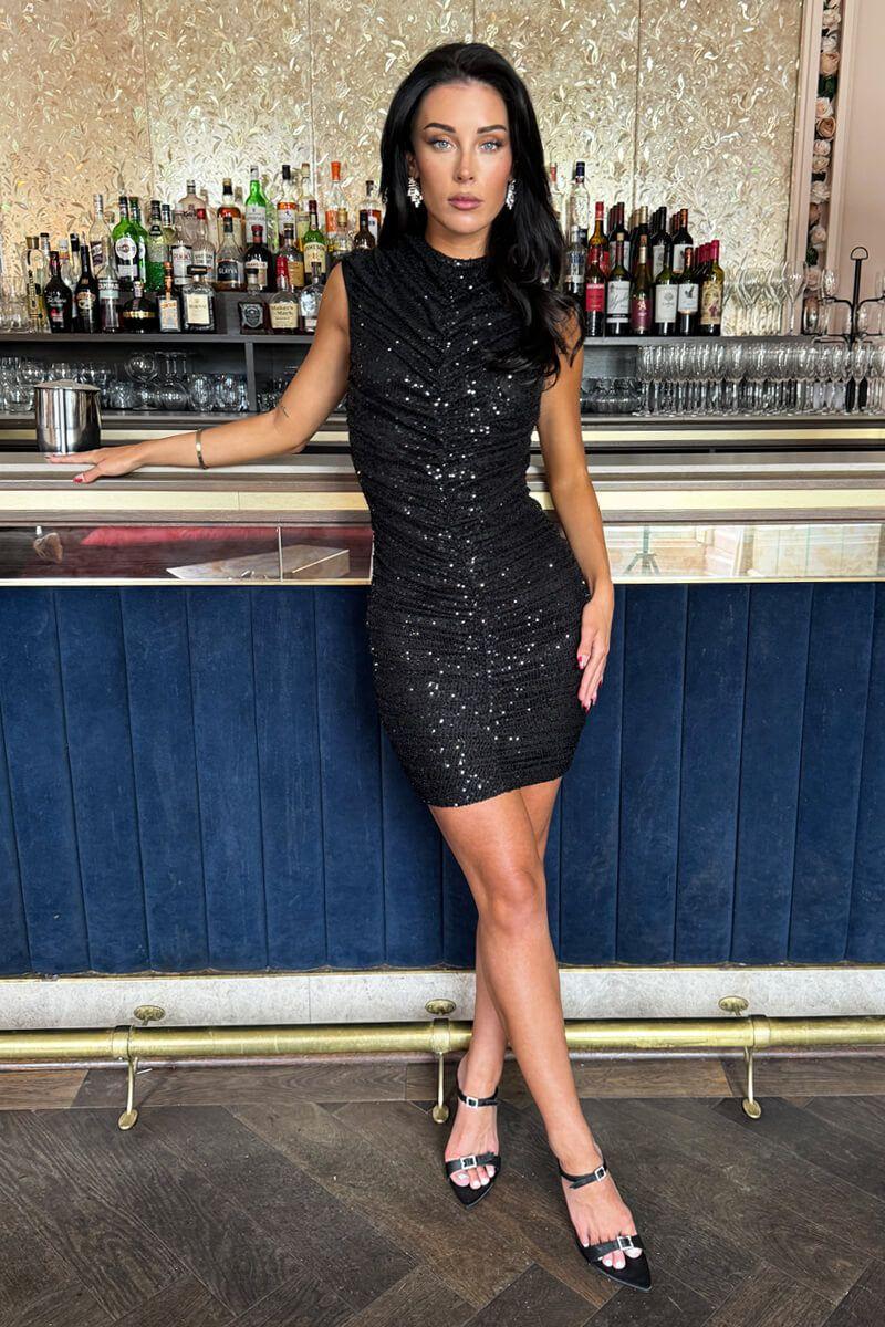 Black Sequin High Neck Ruched Bodycon Mini Dress by AX PARIS