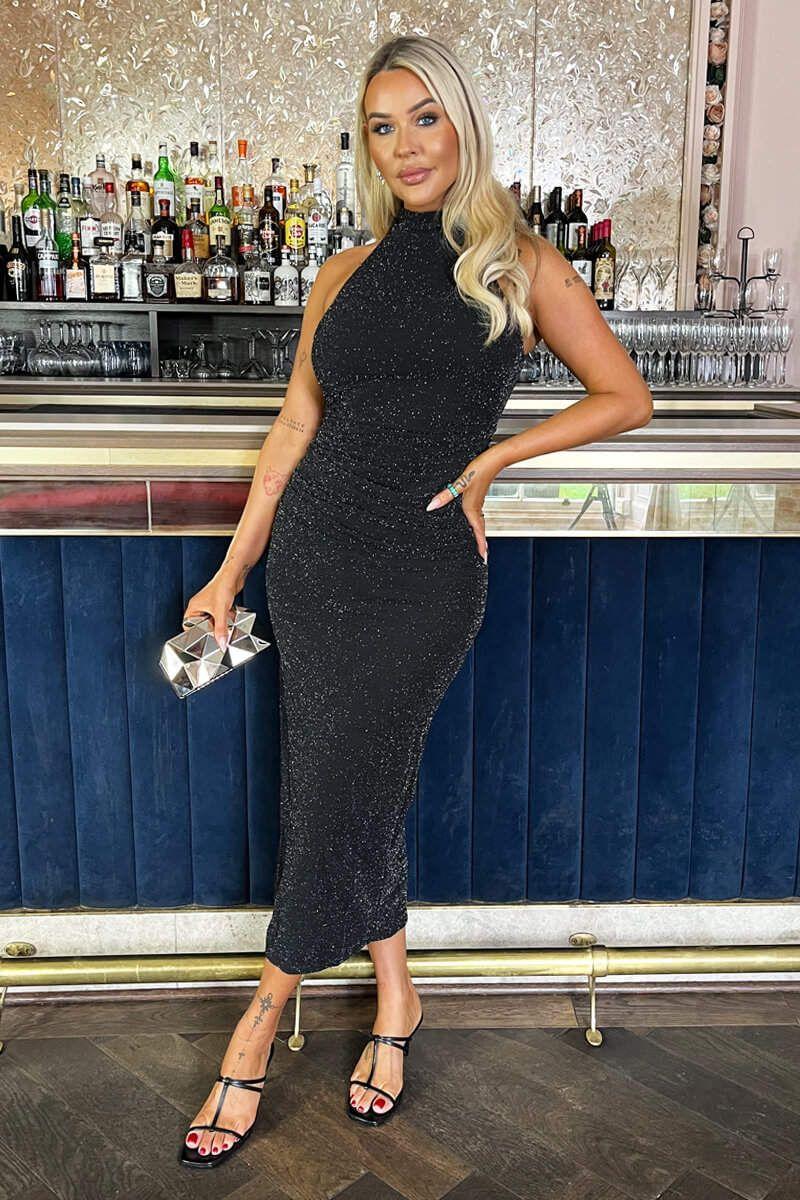Black Sparkle Halter Neck Ruched Bodycon Midi Dress by AX PARIS