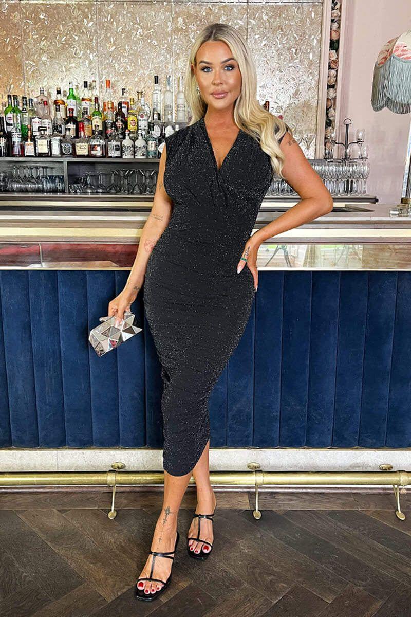 Black Sparkle Wrap Top Ruched Skirt Midi Dress by AX PARIS Black Sparkle Wrap Top Ruched Skirt Midi Dress by AX PARIS