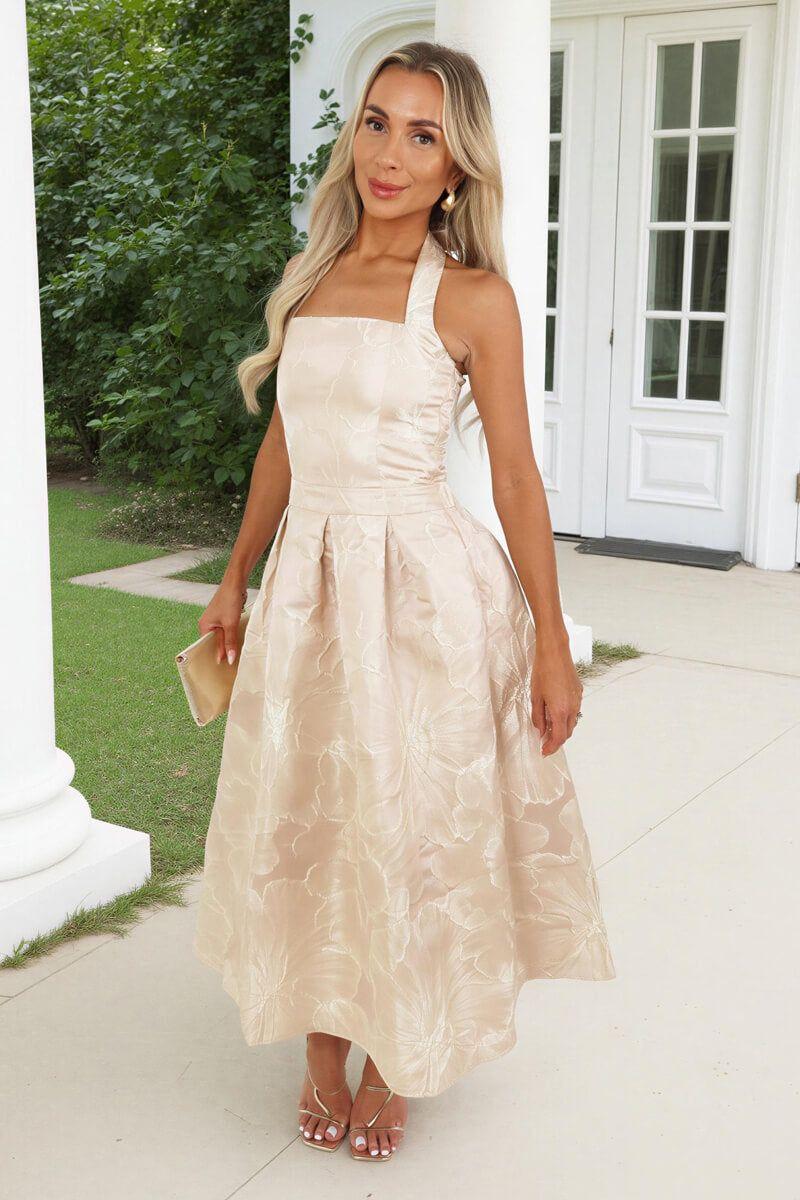 Blush Floral Jacquard Tie Neck A-Line Midi Dress by AX PARIS