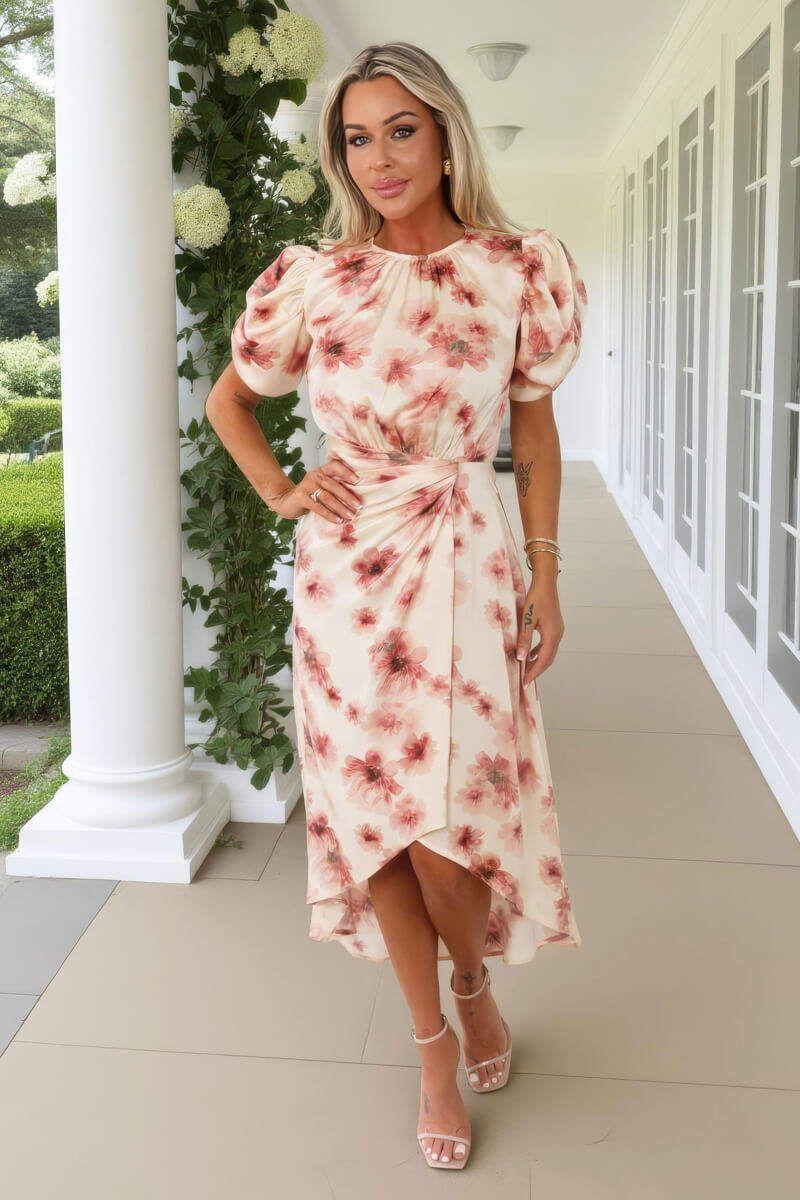 Blush Floral Print Puff Sleeve Gathered Side Midi Dress by AX PARIS