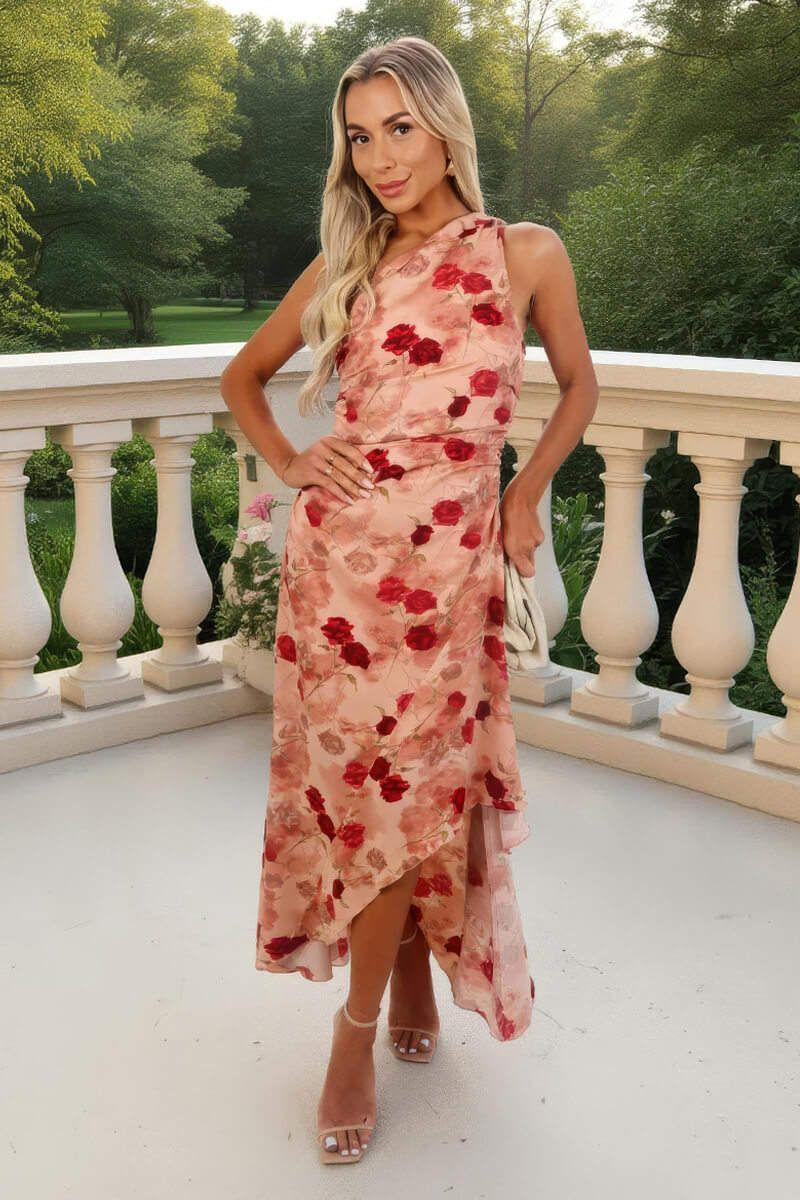 Blush Rose Print One Shoulder Dipped Hem Midi Dress by AX PARIS