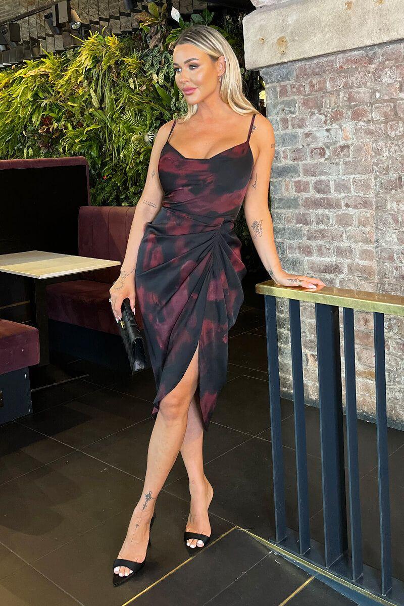 Burgundy And Black Smudge Print Strappy Gathered Skirt Midi Dress by AX PARIS