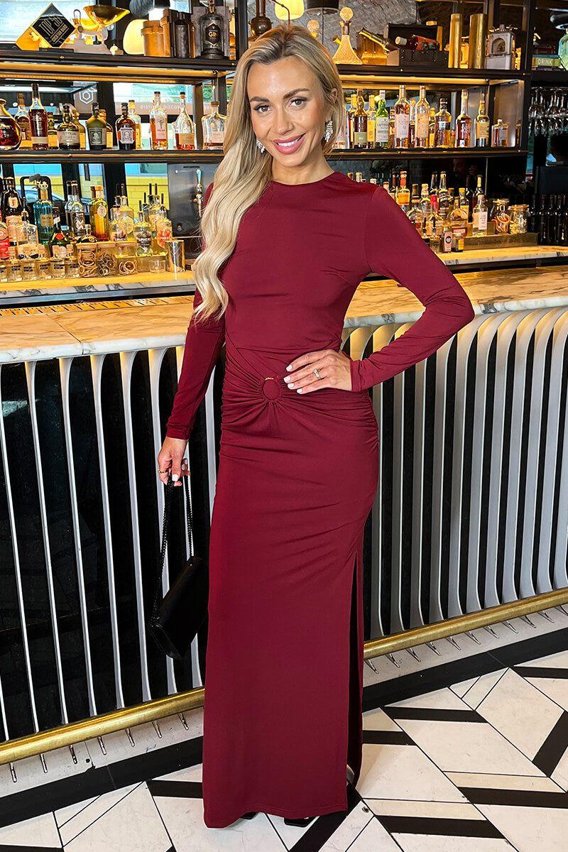 Burgundy Long Sleeve O-Ring Detail Bodycon Midi Dress by AX PARIS