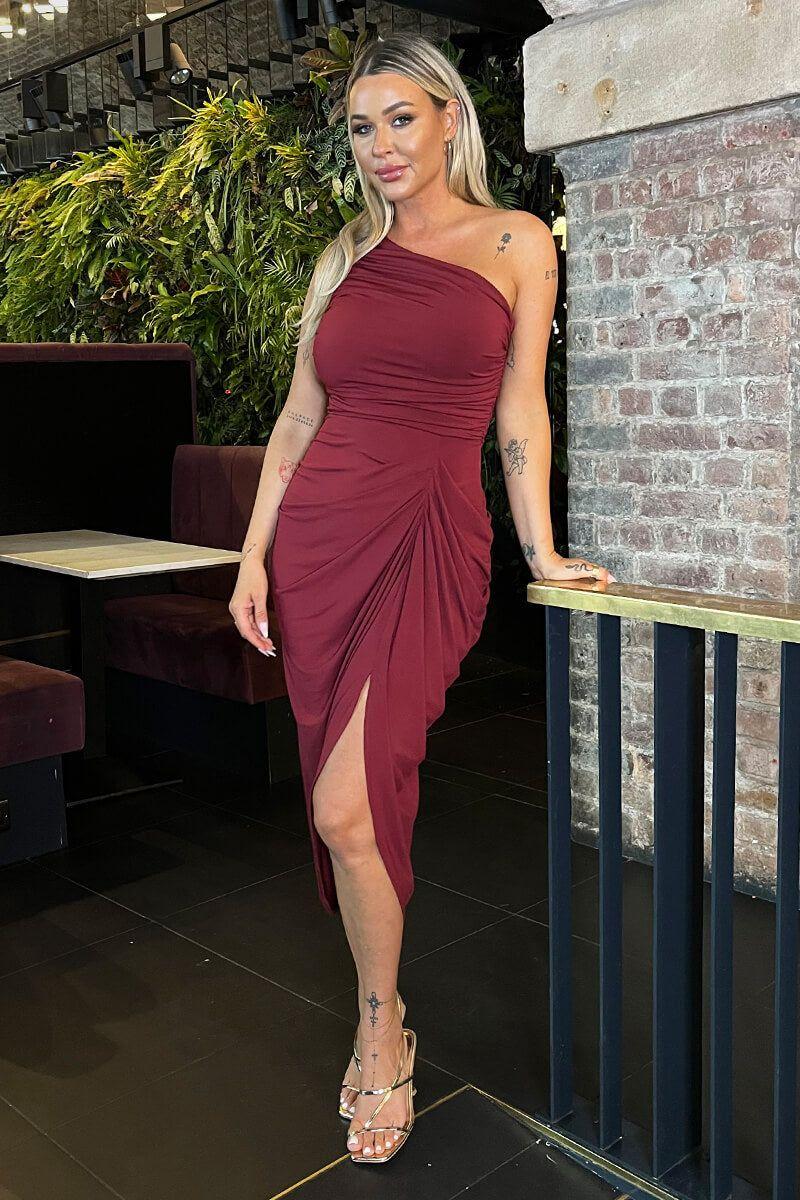 Burgundy One Shoulder Gathered Skirt Midi Dress by AX PARIS