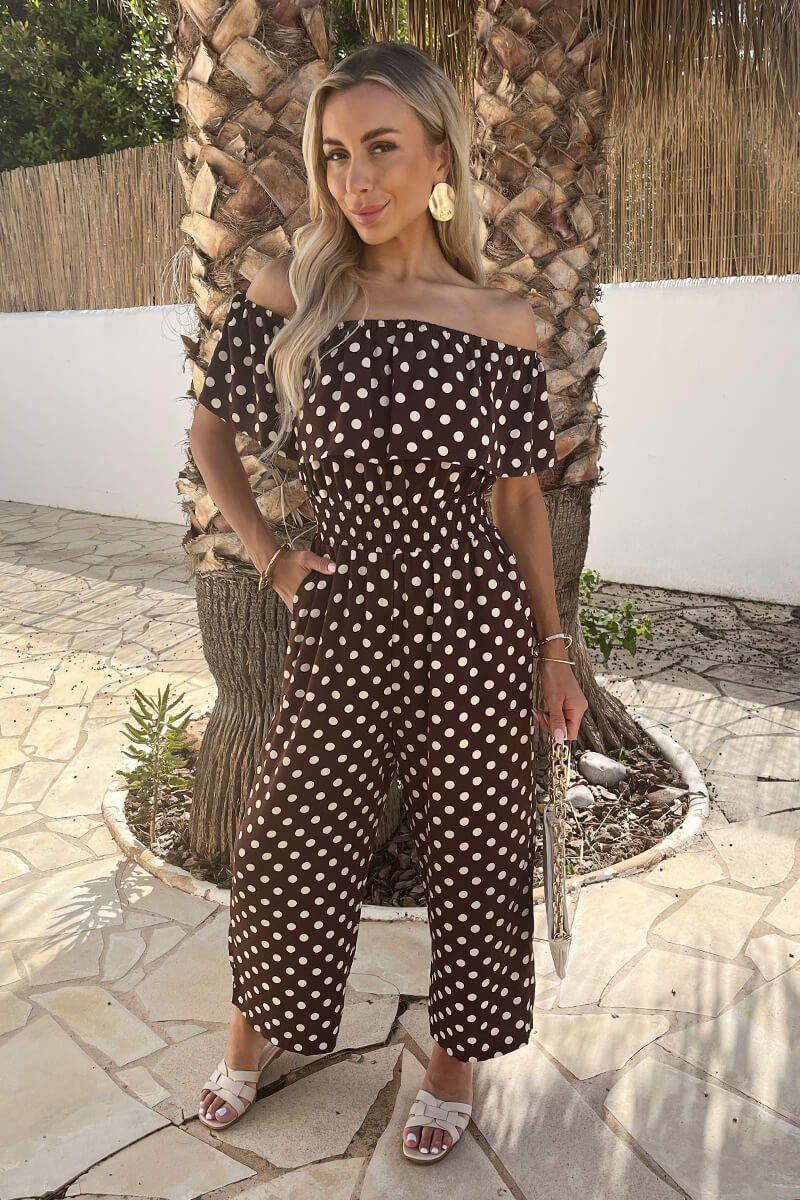 Chocolate Polka Dot Bardot Frill Culotte Jumpsuit by AX PARIS