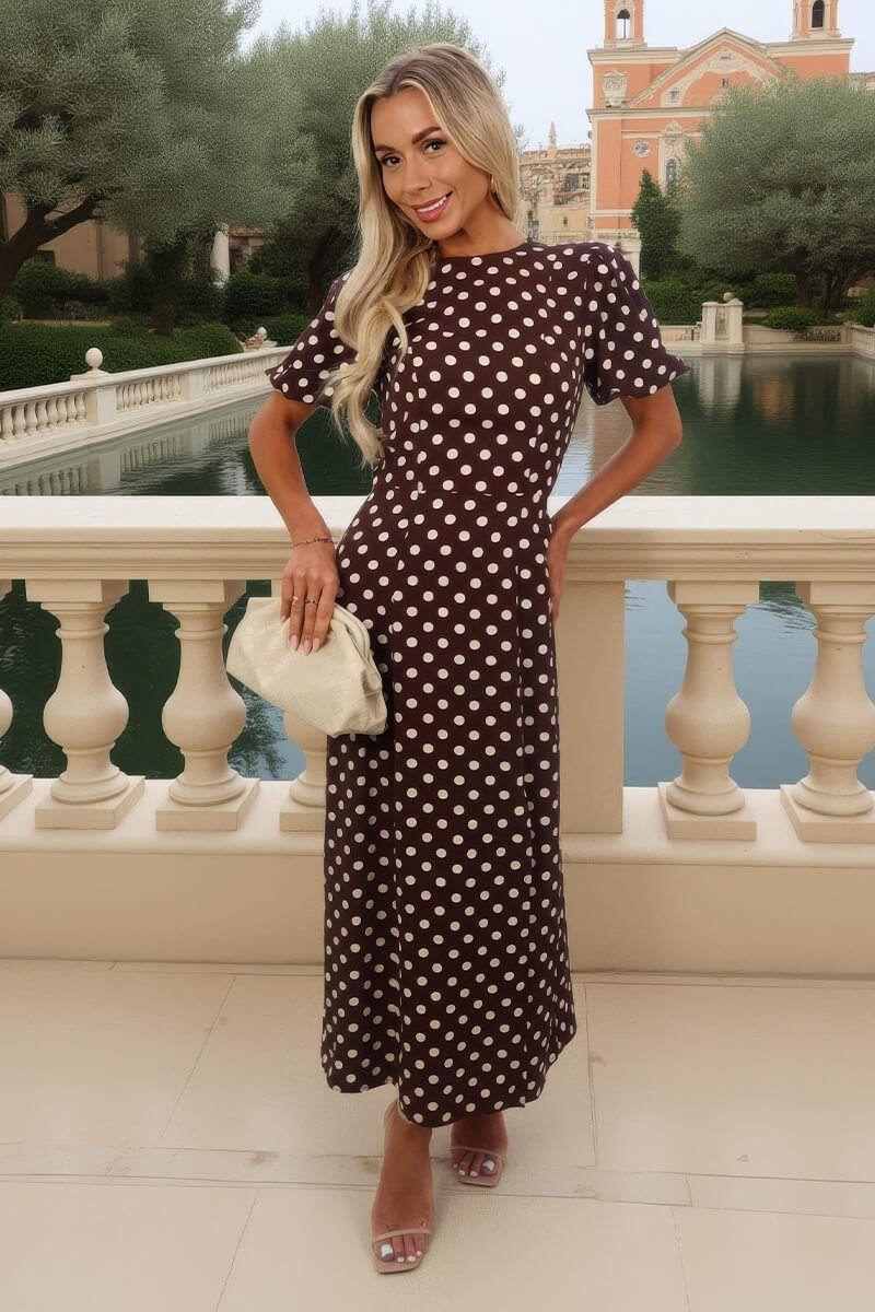 Chocolate Polka Dot Print Puff Sleeve Midi Dress by AX PARIS