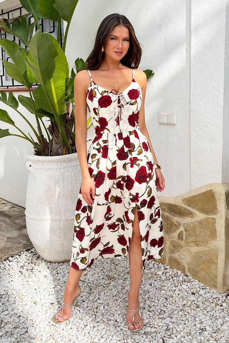 Cream Rose Printed Lace-Up Front Strappy Midi Dress by AX PARIS