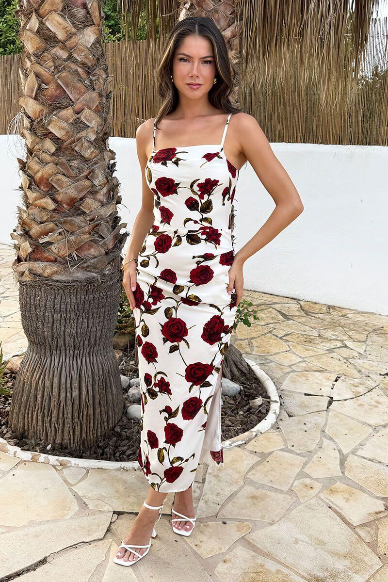 Cream Rose Printed Ruched Side Strappy Midi Dress by AX PARIS