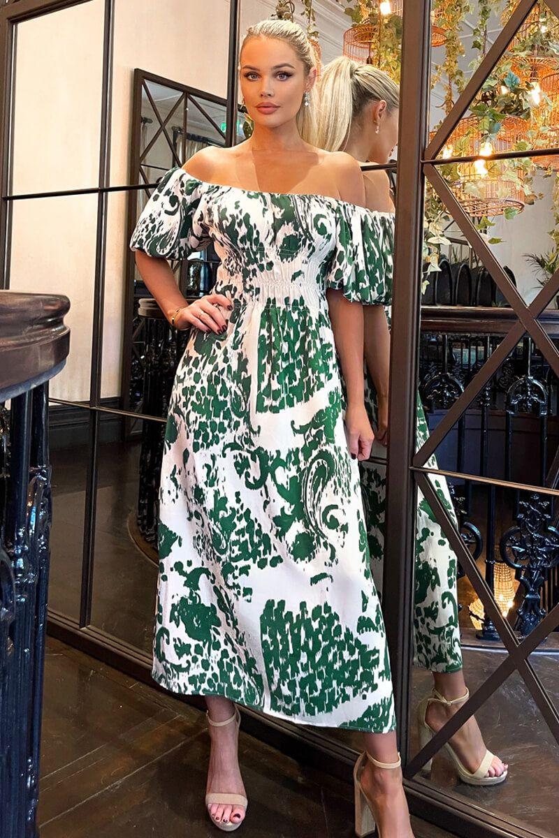 Cream and Green Printed Elasticated Waist Bardot Midi Dress by AX PARIS
