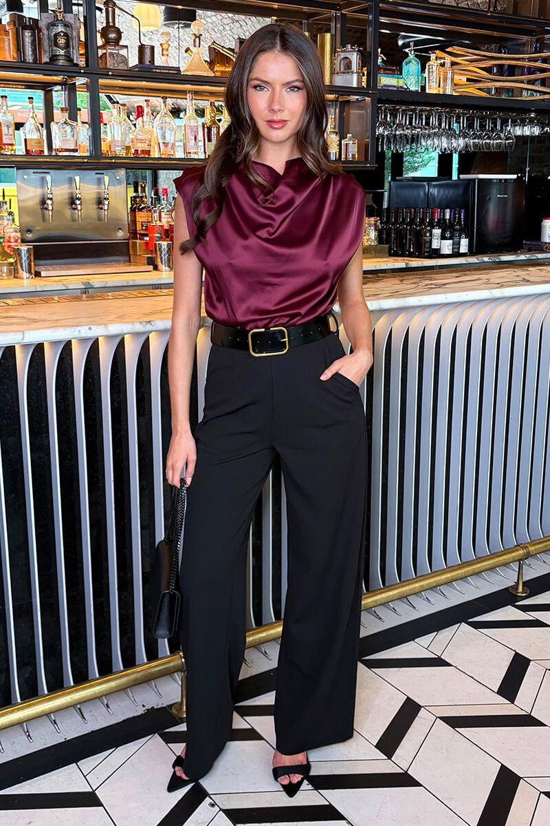 Dark Plum 2 in 1 Draped Neck Belted Wide Leg Jumpsuit by AX PARIS