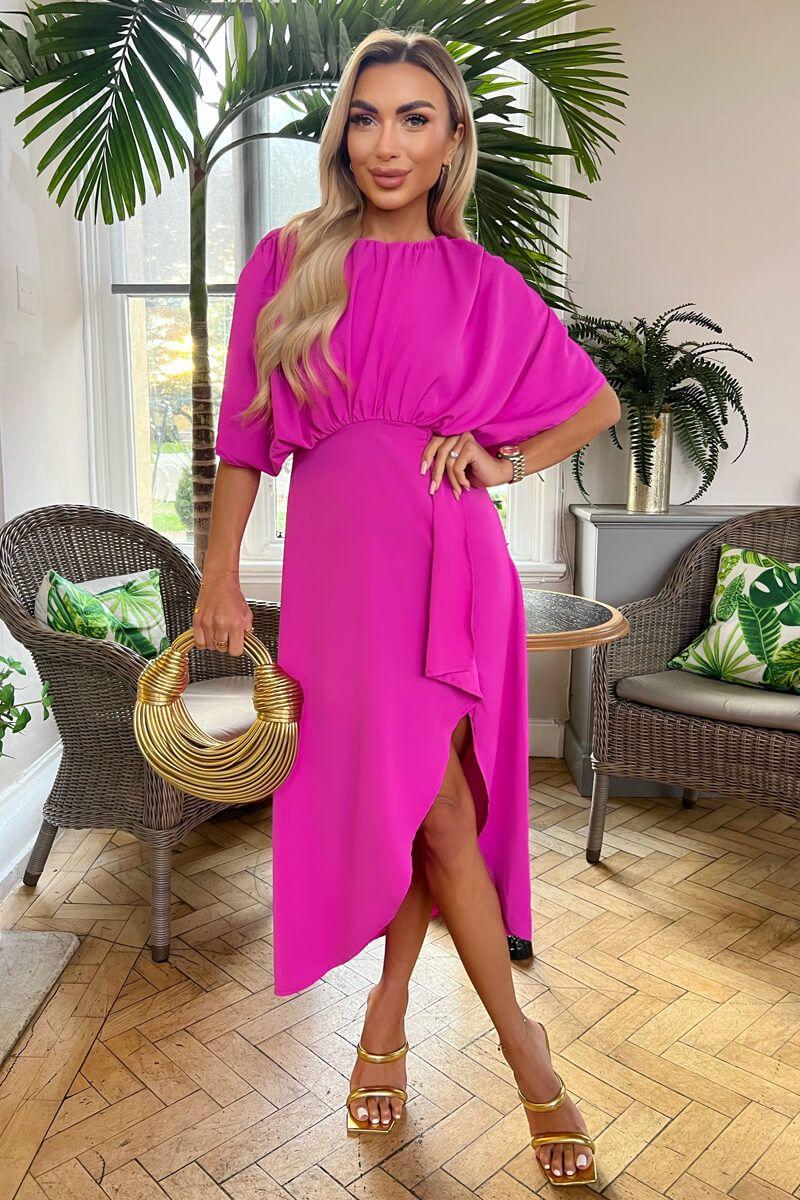 Hot Pink Batwing Top Wrap Skirt Midi Dress by AX PARIS