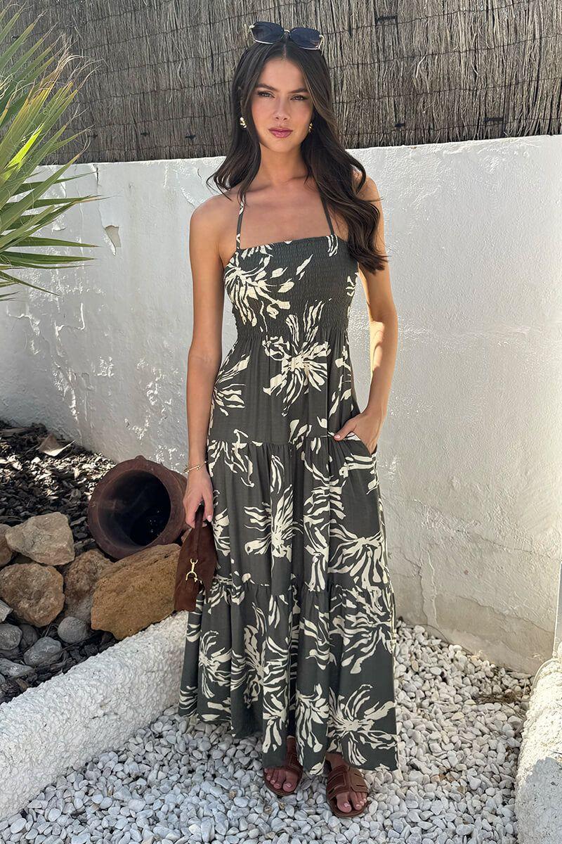 Khaki Abstract Floral Print Tie Neck Smock Midi Dress by AX PARIS