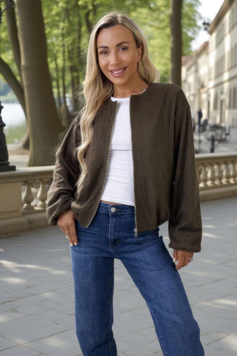 Khaki Faux Suede Bubble Hem Bomber Jacket by AX PARIS