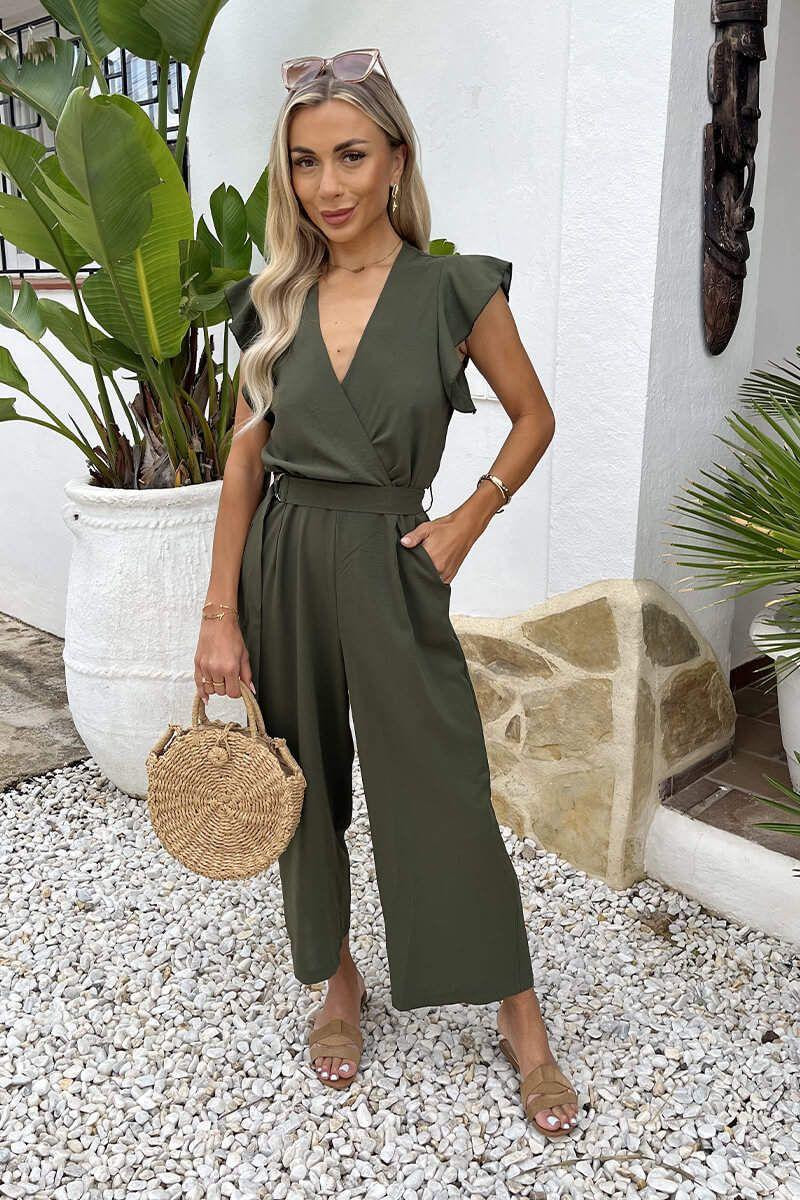 Khaki Wrap Top Flutter Sleeve Belted Jumpsuit by AX PARIS