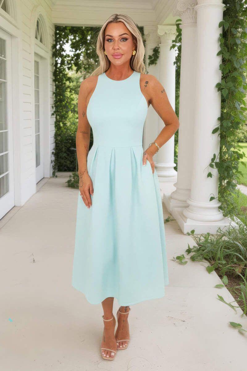Mint Racer Neck Pleated Skirt Midi Dress by AX PARIS