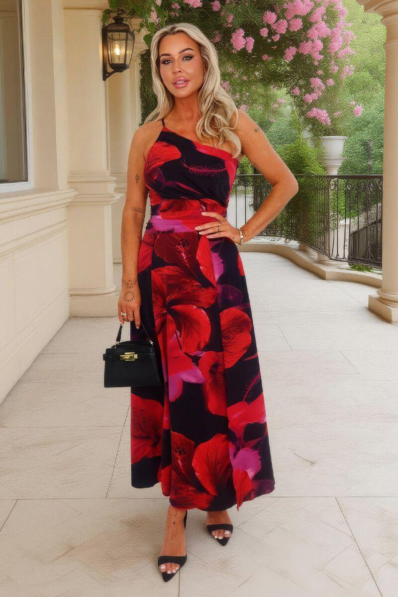 Multi Floral Print One Shoulder Ruched Waist Midi Dress by AX PARIS
