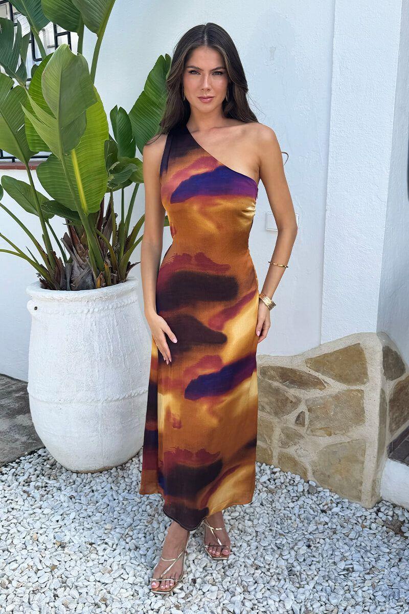 Multi Smudge Print One Shoulder Twist Back Midi Dress by AX PARIS