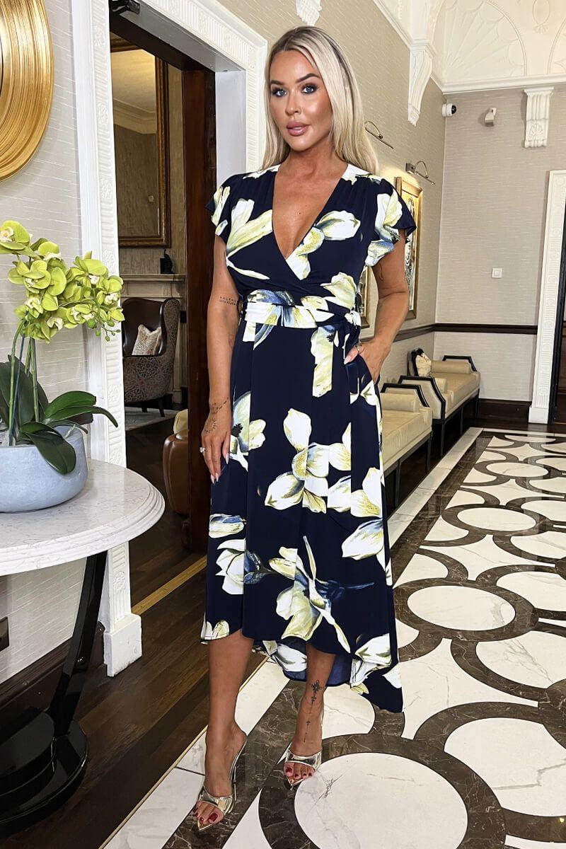 Navy Floral Print Short Sleeve Belted Wrap Midi Dress by AX PARIS