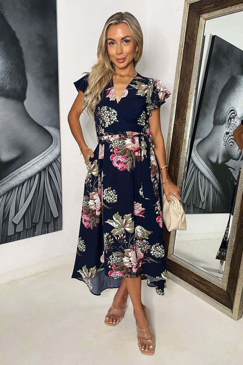 Navy Floral Printed Belted Wrap Midi Dress by AX PARIS
