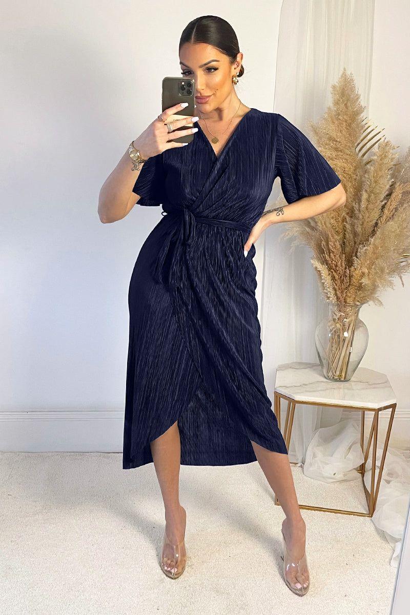 Navy Wrap Top Belted Short Sleeve Plisse Midi Dress by AX PARIS