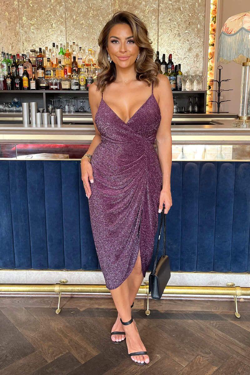 Plum Sparkle Strappy Wrap Top Gathered Skirt Midi Dress by AX PARIS