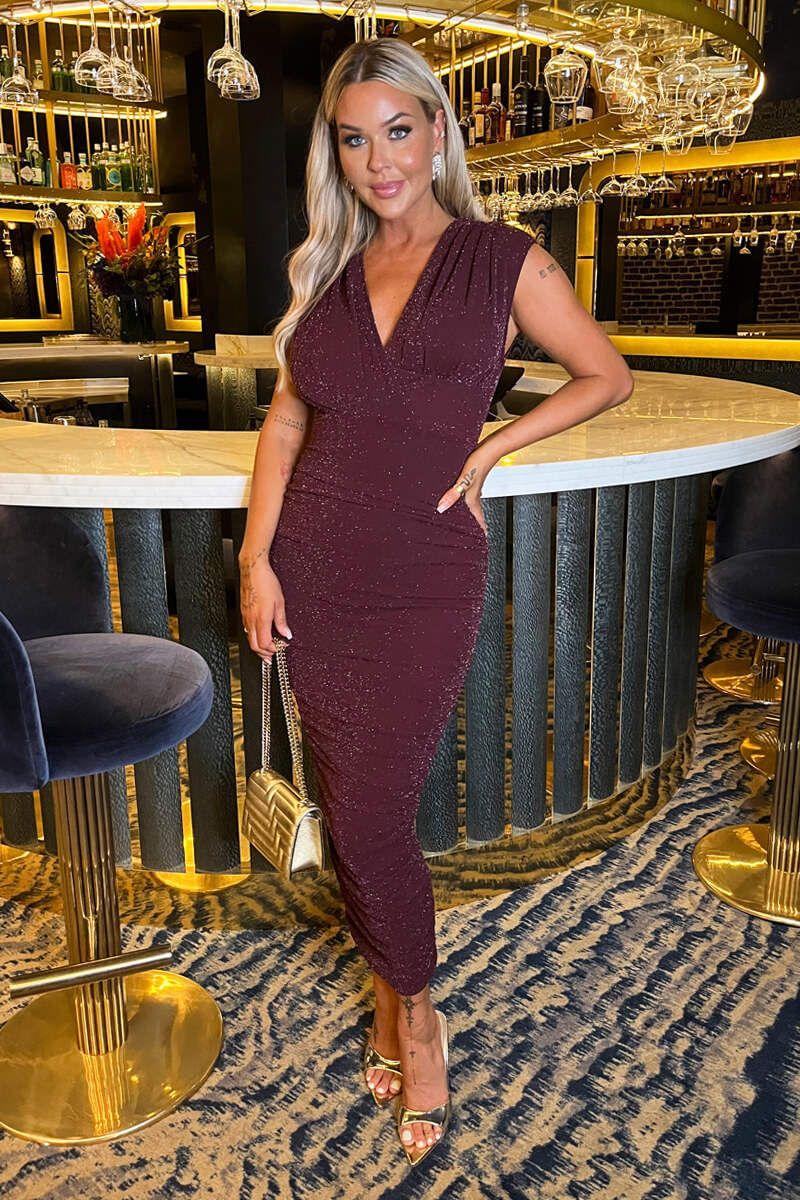 Plum Sparkle Wrap Top Ruched Skirt Midi Dress by AX PARIS